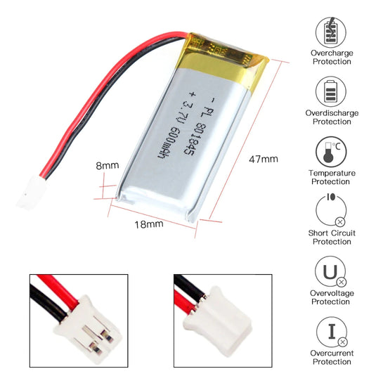 [PH2.0-JST Connector][801845] Universal 600mAh 3.7V Rechargeable Li-Ion Lithium Polymer Battery - Polar Tech Australia