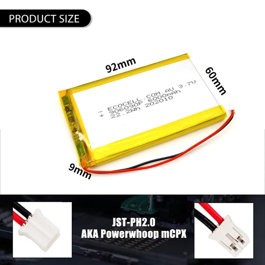 [PH2.0-JST Connector][906090] Universal 6000mAh 3.7V Rechargeable Li-Ion Lithium Polymer Battery - Polar Tech Australia