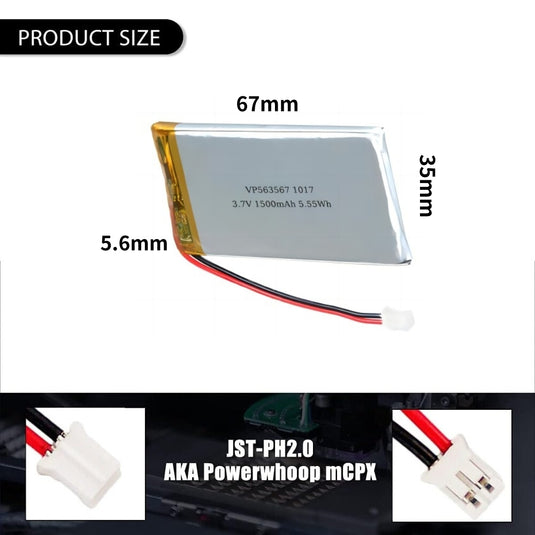 [PH2.0-JST Connector][563567] Universal 1500mAh 3.7V Rechargeable Li-Ion Lithium Polymer Battery - Polar Tech Australia