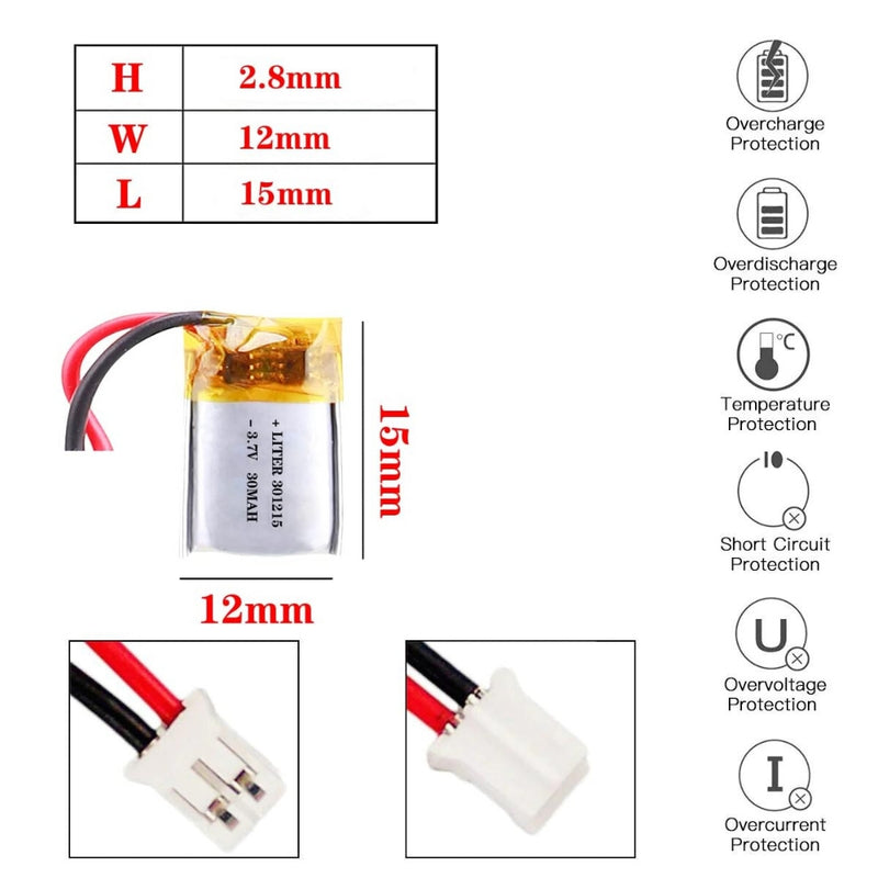 Load image into Gallery viewer, [PH2.0-JST Connector][301215] Universal 30mAh 3.7V Rechargeable Li-Ion Lithium Polymer Battery - Polar Tech Australia
