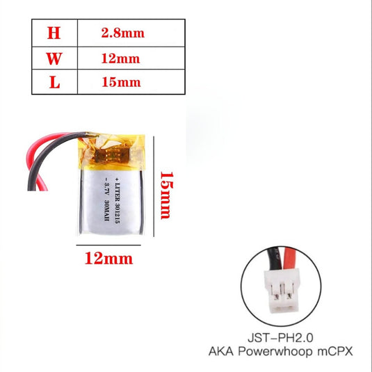 [PH2.0-JST Connector][301215] Universal 30mAh 3.7V Rechargeable Li-Ion Lithium Polymer Battery - Polar Tech Australia
