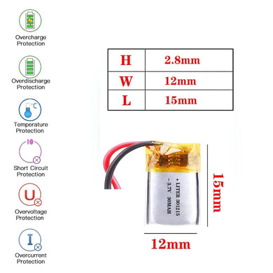 [PH2.0-JST Connector][301215] Universal 30mAh 3.7V Rechargeable Li-Ion Lithium Polymer Battery - Polar Tech Australia