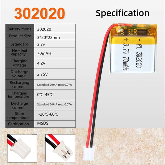 [PH2.0-JST Connector][302020] Universal 70mAh 3.7V Rechargeable Li-Ion Lithium Polymer Battery - Polar Tech Australia