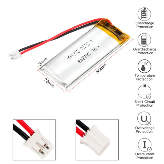 [PH2.0-JST Connector][302248] Universal 230mAh 3.7V Rechargeable Li-Ion Lithium Polymer Battery - Polar Tech Australia