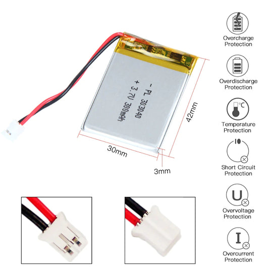 [PH2.0-JST Connector][303040] Universal 300mAh 3.7V Rechargeable Li-Ion Lithium Polymer Battery - Polar Tech Australia