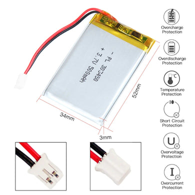 [PH2.0-JST Connector][303450] Universal 500mAh 3.7V Rechargeable Li-Ion Lithium Polymer Battery - Polar Tech Australia
