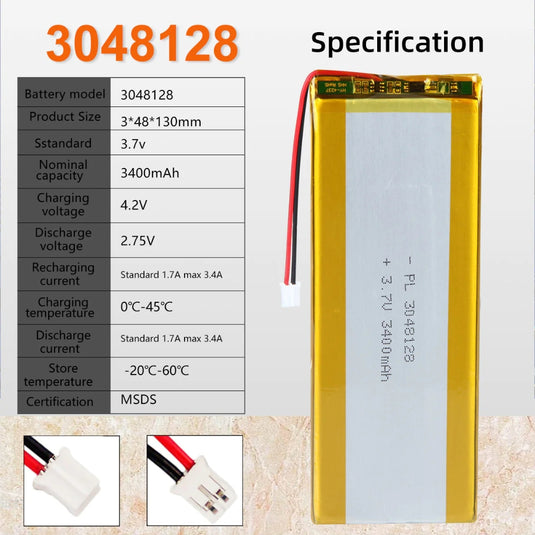 [PH2.0-JST Connector][3048128] Universal 3400mAh 3.7V Rechargeable Li-Ion Lithium Polymer Battery - Polar Tech Australia