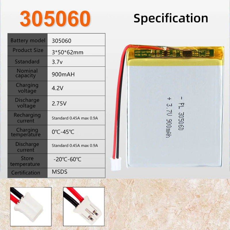 Load image into Gallery viewer, [PH2.0-JST Connector][305060] Universal 900mAh 3.7V Rechargeable Li-Ion Lithium Polymer Battery - Polar Tech Australia
