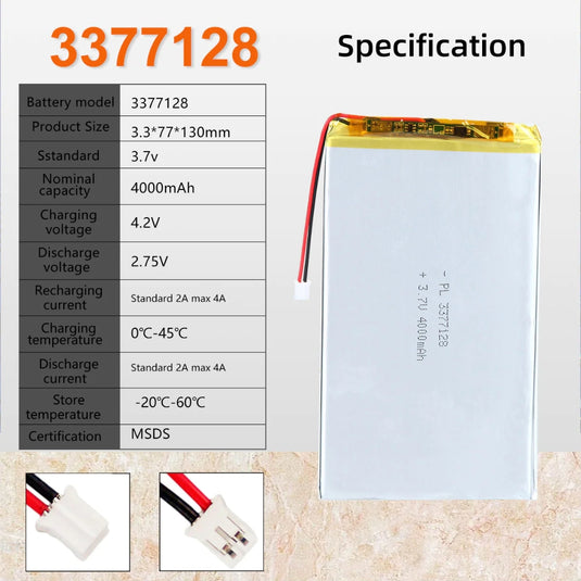 [PH2.0-JST Connector][3377128] Universal 4000mAh 3.7V Rechargeable Li-Ion Lithium Polymer Battery - Polar Tech Australia