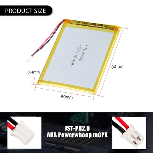 [PH2.0-JST Connector][346082] Universal 1900mAh 3.7V Rechargeable Li-Ion Lithium Polymer Battery - Polar Tech Australia