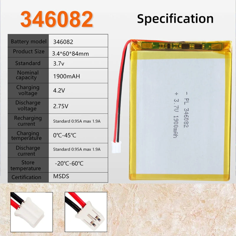 Load image into Gallery viewer, [PH2.0-JST Connector][346082] Universal 1900mAh 3.7V Rechargeable Li-Ion Lithium Polymer Battery - Polar Tech Australia
