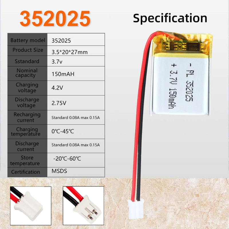 Load image into Gallery viewer, [PH2.0-JST Connector][352025] Universal 150mAh 3.7V Rechargeable Li-Ion Lithium Polymer Battery - Polar Tech Australia
