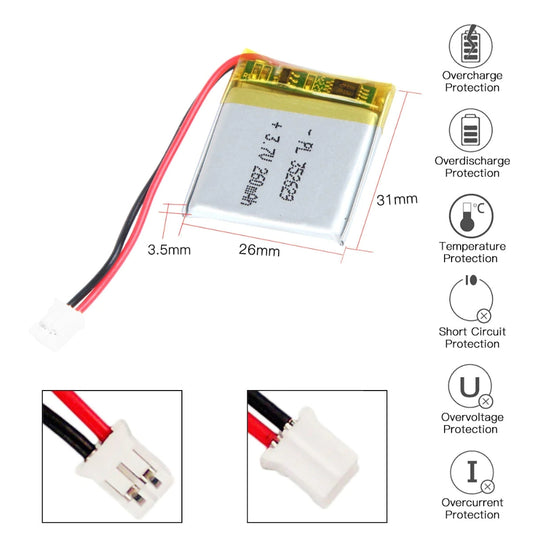 [PH2.0-JST Connector][352629] Universal 260mAh3.7V Rechargeable Li-Ion Lithium Polymer Battery - Polar Tech Australia