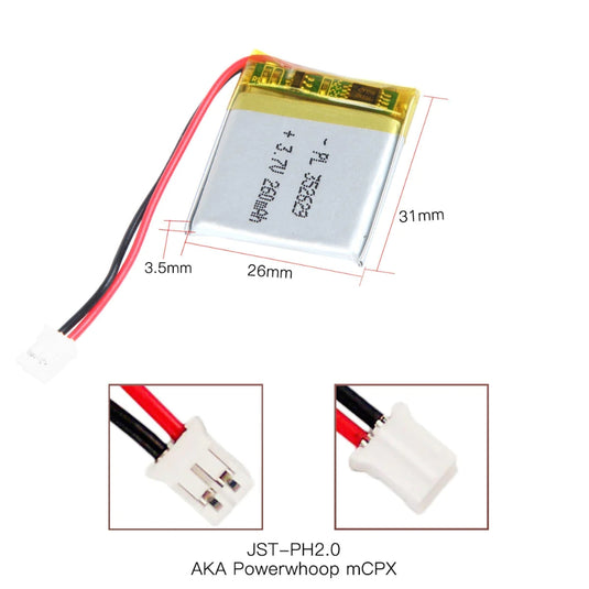 [PH2.0-JST Connector][352629] Universal 260mAh3.7V Rechargeable Li-Ion Lithium Polymer Battery - Polar Tech Australia