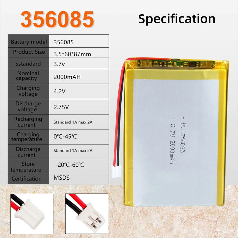 Load image into Gallery viewer, [PH2.0-JST Connector][356085] Universal 2000mAh 3.7V Rechargeable Li-Ion Lithium Polymer Battery - Polar Tech Australia
