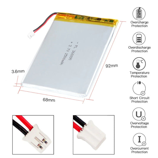 [PH2.0-JST Connector][357090] Universal 2800mAh 3.7V Rechargeable Li-Ion Lithium Polymer Battery - Polar Tech Australia