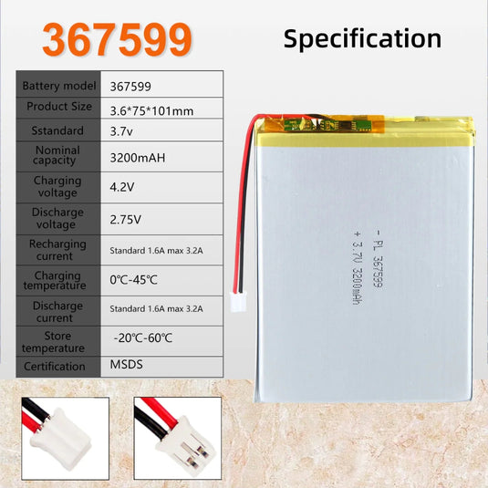 [PH2.0-JST Connector][367599] Universal 3200mAh 3.7V Rechargeable Li-Ion Lithium Polymer Battery - Polar Tech Australia