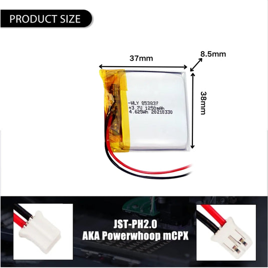 [PH2.0-JST Connector][853837] Universal 1250mAh 3.7V Rechargeable Li-Ion Lithium Polymer Battery - Polar Tech Australia