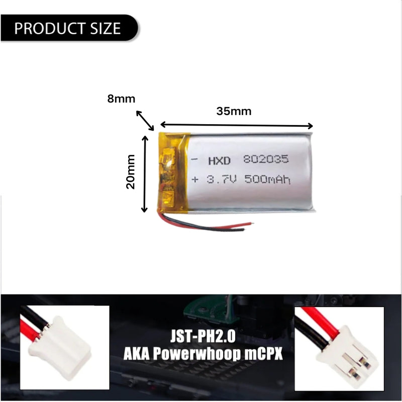 Load image into Gallery viewer, [PH2.0-JST Connector][802035] Universal 500mAh 3.7V Rechargeable Li-Ion Lithium Polymer Battery - Polar Tech Australia
