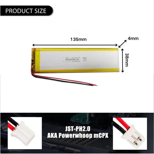 [PH2.0-JST Connector][4038135] Universal 3000mAh 3.7V Rechargeable Li-Ion Lithium Polymer Battery - Polar Tech Australia