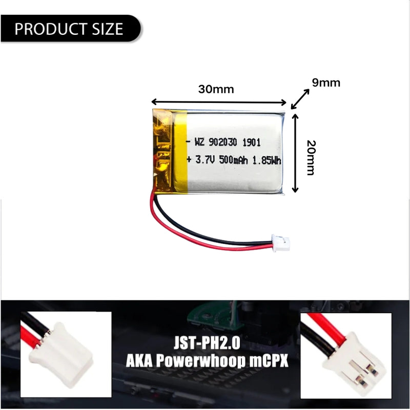 Cargue la imagen en el visor de la galería, [PH2.0-JST Connector][902030] Universal 500mAh 3.7V Rechargeable Li-Ion Lithium Polymer Battery - Polar Tech Australia
