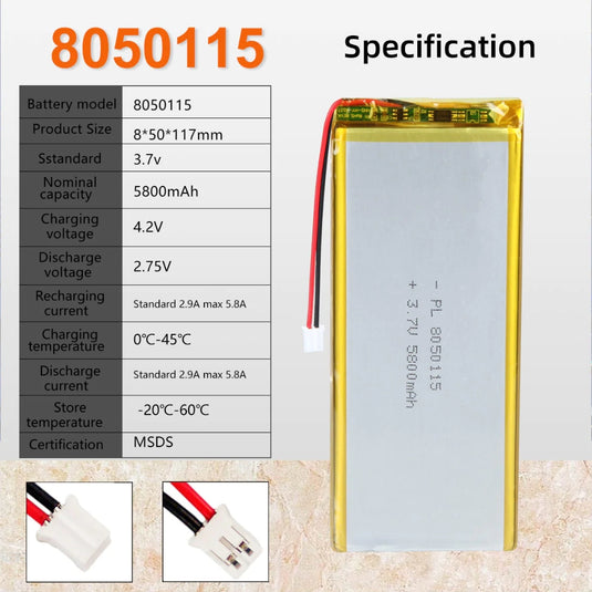 [PH2.0-JST Connector][8050115] Universal 5800mAh 3.7V Rechargeable Li-Ion Lithium Polymer Battery - Polar Tech Australia