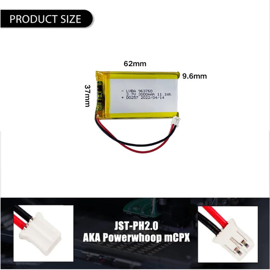 [PH2.0-JST Connector][963760] Universal 3000mAh 3.7V Rechargeable Li-Ion Lithium Polymer Battery - Polar Tech Australia