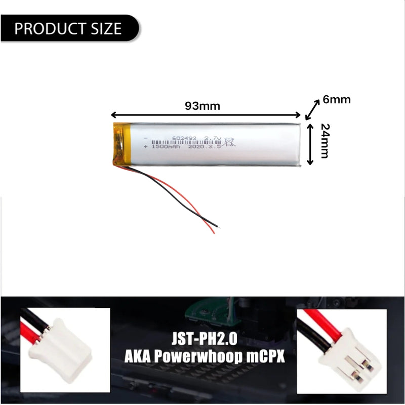 Cargue la imagen en el visor de la galería, [PH2.0-JST Connector][602493] Universal 1600mAh 3.7V Rechargeable Li-Ion Lithium Polymer Battery - Polar Tech Australia
