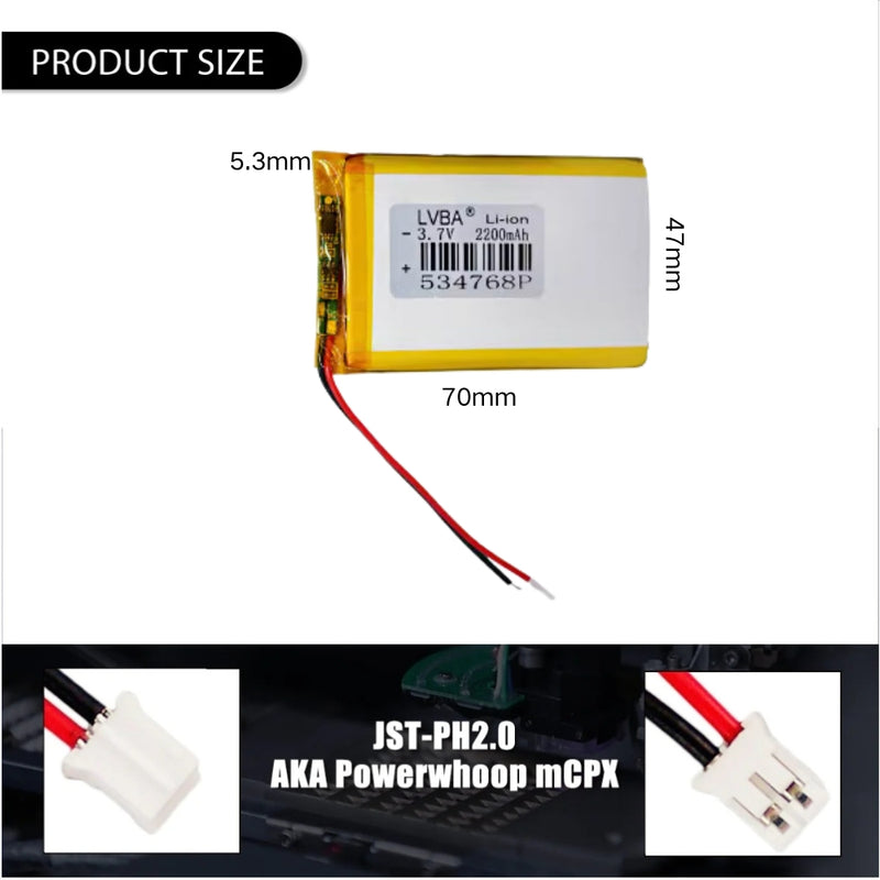 Cargue la imagen en el visor de la galería, [PH2.0-JST Connector][534768] Universal 2200mAh 3.7V Rechargeable Li-Ion Lithium Polymer Battery - Polar Tech Australia
