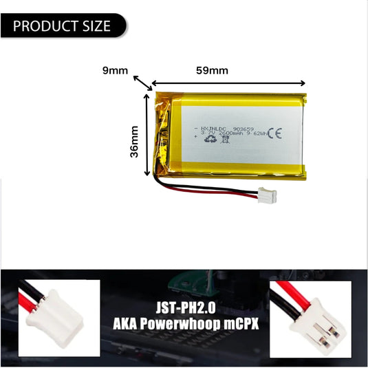 [PH2.0-JST Connector][903659] Universal 2600mAh 3.7V Rechargeable Li-Ion Lithium Polymer Battery - Polar Tech Australia