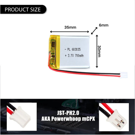 [PH2.0-JST Connector][603035] Universal 700mAh 3.7V Rechargeable Li-Ion Lithium Polymer Battery - Polar Tech Australia