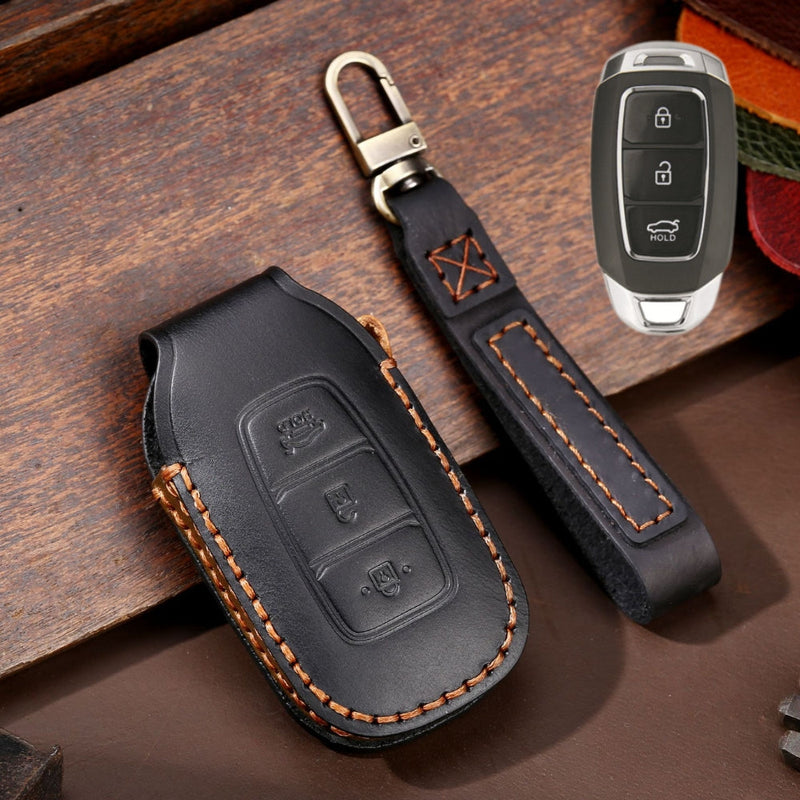 Chargez l&#39;image dans la visionneuse de la galerie, Hyundai Handcrafted Genuine Leather Car Key Fob Protective Case Cover For Santa Fe, Tucson, Palisade, Kona, Santa Fe, Azera

