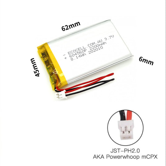 [PH2.0-JST Connector][604560] Universal 2200mAh 3.7V Rechargeable Li-Ion Lithium Polymer Battery - Polar Tech Australia
