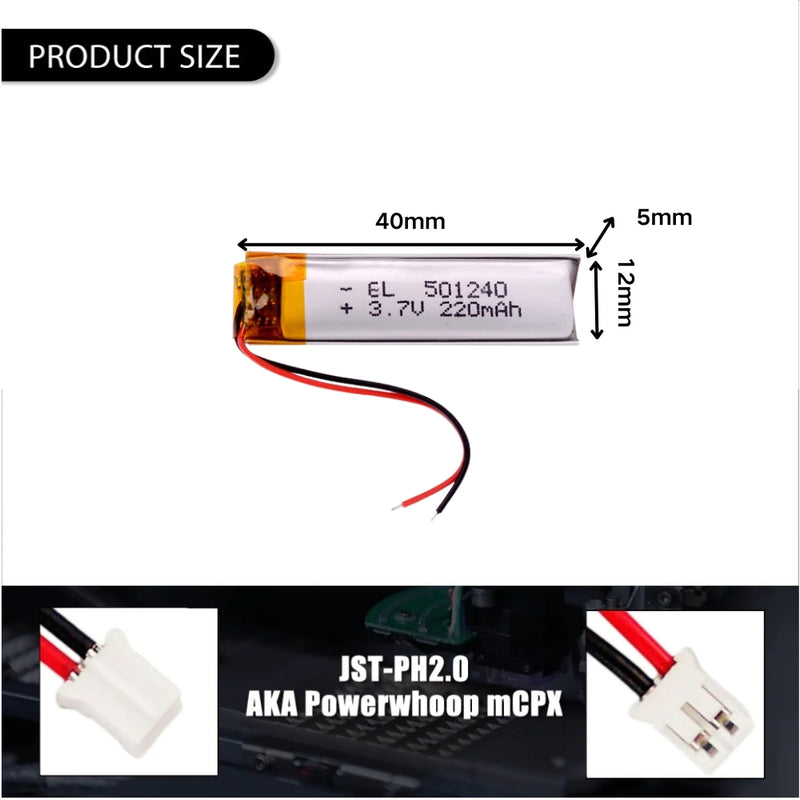 Cargue la imagen en el visor de la galería, [PH2.0-JST Connector][501240] Universal 220mAh 3.7V Rechargeable Li-Ion Lithium Polymer Battery - Polar Tech Australia
