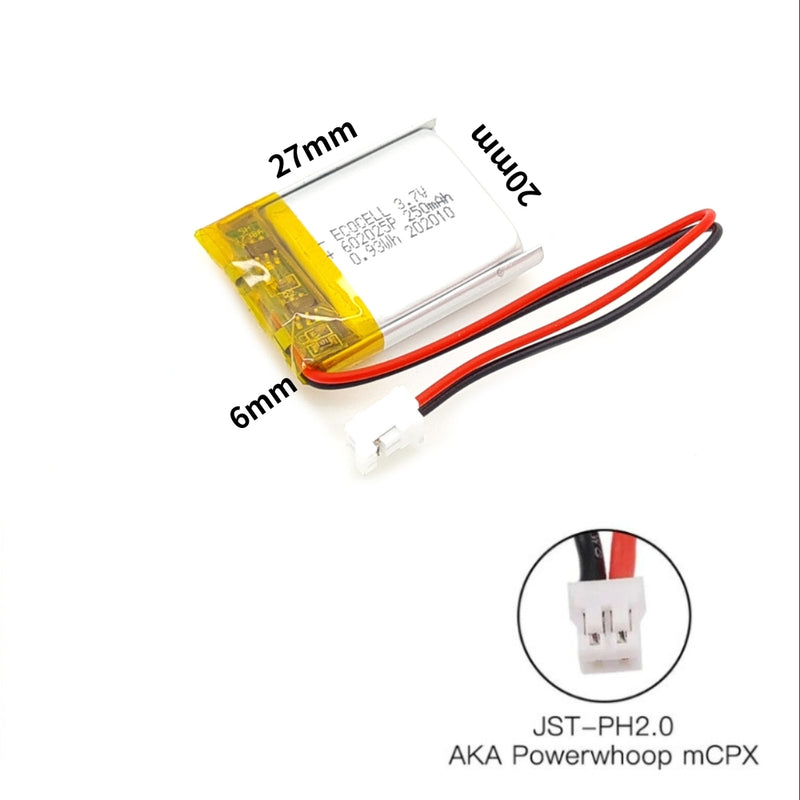 Cargue la imagen en el visor de la galería, [PH2.0-JST Connector][602025] Universal 250mAh 3.7V Rechargeable Li-Ion Lithium Polymer Battery - Polar Tech Australia
