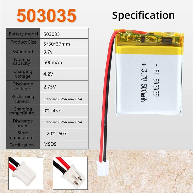 Load image into Gallery viewer, [PH2.0-JST Connector][503035] Universal 500mAh 3.7V Rechargeable Li-Ion Lithium Polymer Battery - Polar Tech Australia
