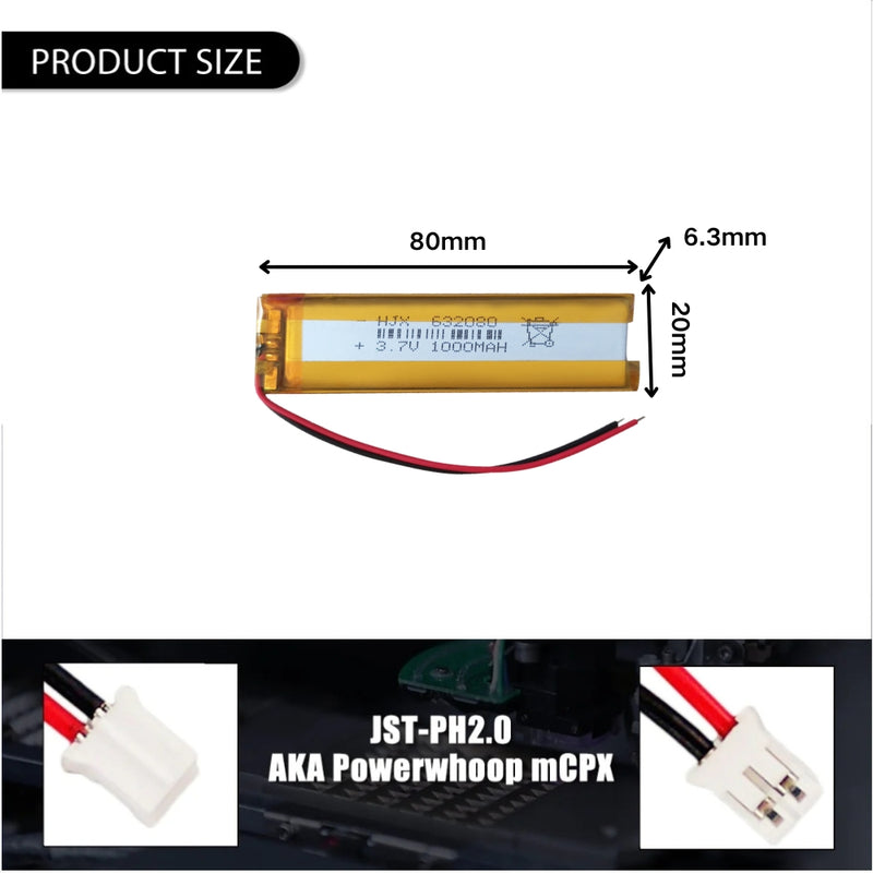 Load image into Gallery viewer, [PH2.0-JST Connector][632080] Universal 1000mAh 3.7V Rechargeable Li-Ion Lithium Polymer Battery - Polar Tech Australia
