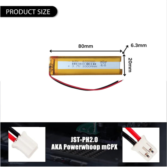 [PH2.0-JST Connector][632080] Universal 1000mAh 3.7V Rechargeable Li-Ion Lithium Polymer Battery - Polar Tech Australia