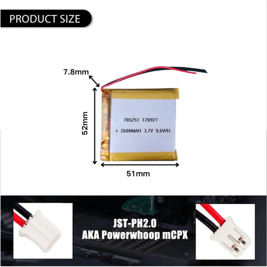 [PH2.0-JST Connector][785251] Universal 2600mAh 3.7V Rechargeable Li-Ion Lithium Polymer Battery - Polar Tech Australia