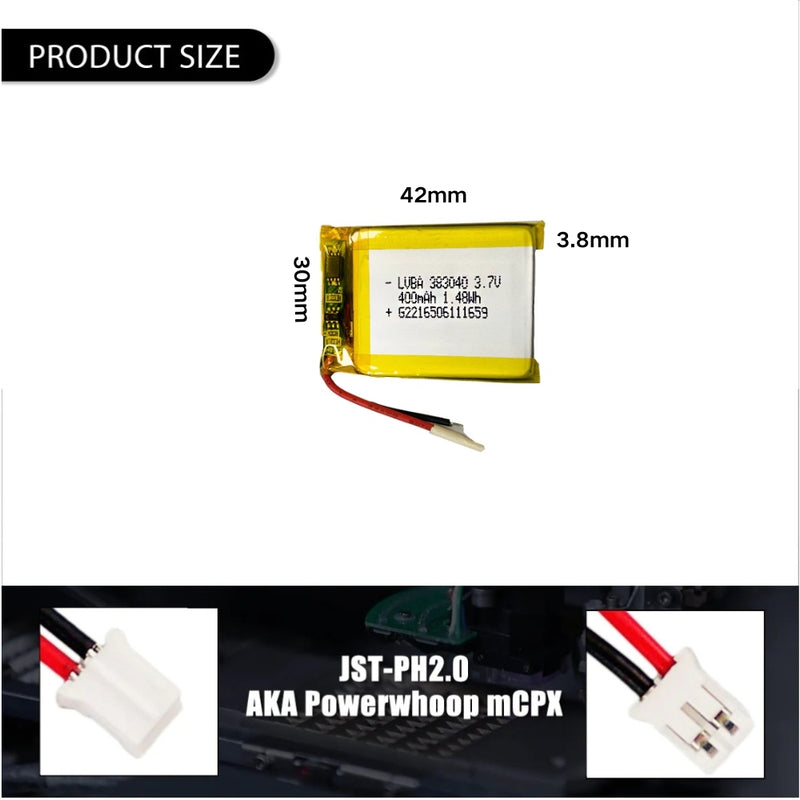 Cargue la imagen en el visor de la galería, [PH2.0-JST Connector][383040] Universal 400mAh 3.7V Rechargeable Li-Ion Lithium Polymer Battery - Polar Tech Australia
