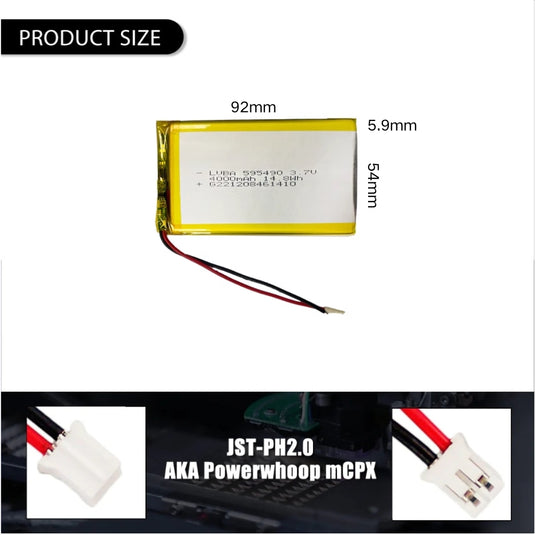 [PH2.0-JST Connector][595490/605590] Universal 4000mAh 3.7V Rechargeable Li-Ion Lithium Polymer Battery - Polar Tech Australia