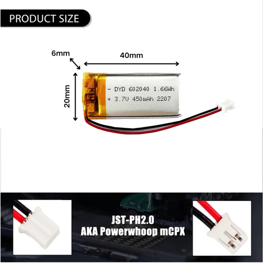 [PH2.0-JST Connector][602040] Universal 450mAh 3.7V Rechargeable Li-Ion Lithium Polymer Battery - Polar Tech Australia