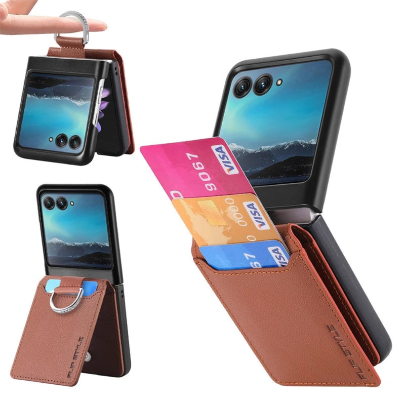 Cargue la imagen en el visor de la galería, [With Card Slot] Motorola Razr 40/Ultra - Litchi Texture Leather Ring Wallet Phone Case - Polar Tech Australia
