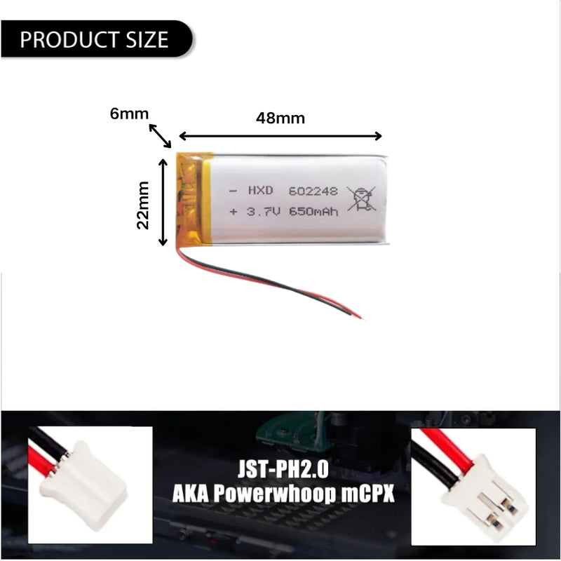 Cargue la imagen en el visor de la galería, [PH2.0-JST Connector][602248] Universal 650mAh 3.7V Rechargeable Li-Ion Lithium Polymer Battery - Polar Tech Australia

