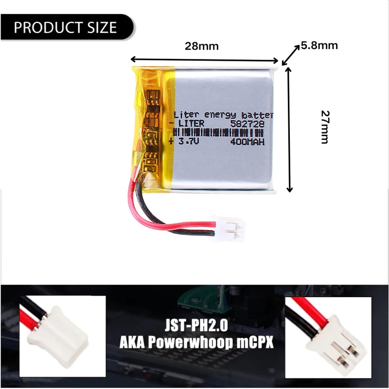 Cargue la imagen en el visor de la galería, [PH2.0-JST Connector][582728] Universal 400mAh 3.7V Rechargeable Li-Ion Lithium Polymer Battery - Polar Tech Australia

