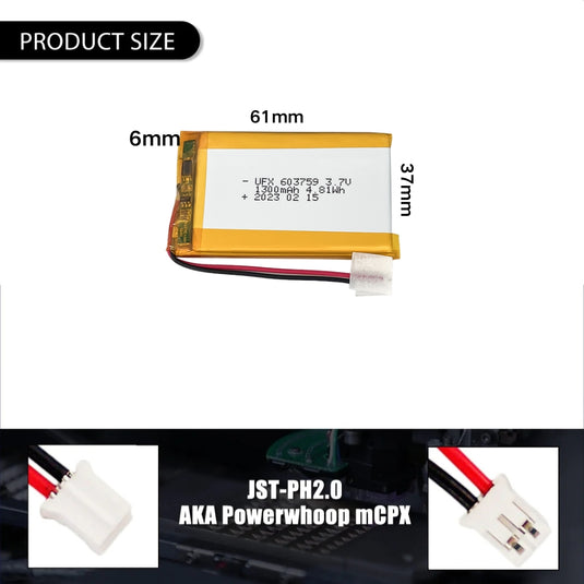 [PH2.0-JST Connector][603759] Universal 1500mAh 3.7V Rechargeable Li-Ion Lithium Polymer Battery - Polar Tech Australia