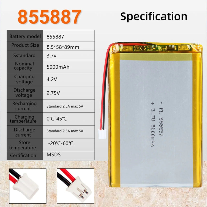 Cargue la imagen en el visor de la galería, [PH2.0-JST Connector][855887] Universal 5000mAh 3.7V Rechargeable Li-Ion Lithium Polymer Battery - Polar Tech Australia
