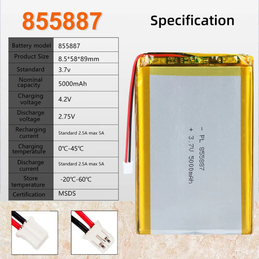 [PH2.0-JST Connector][855887] Universal 5000mAh 3.7V Rechargeable Li-Ion Lithium Polymer Battery - Polar Tech Australia