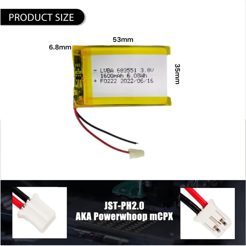 Cargue la imagen en el visor de la galería, [PH2.0-JST Connector][683551] Universal 1600mAh 3.8V Rechargeable Li-Ion Lithium Polymer Battery - Polar Tech Australia
