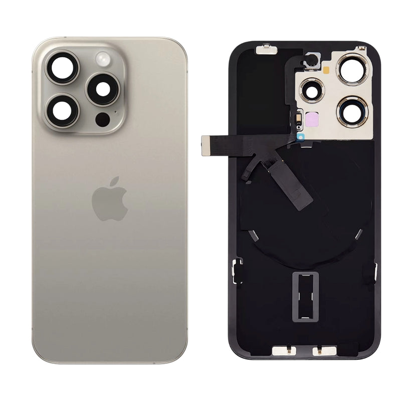 Cargue la imagen en el visor de la galería, [Assembly With Flex] Apple iPhone 15 Pro - Back Rear Replacement Glass Panel With Camera Lens, Flash Light Flex &amp; Magsafe Magnet Ring Wireless NFC Charging Flex
